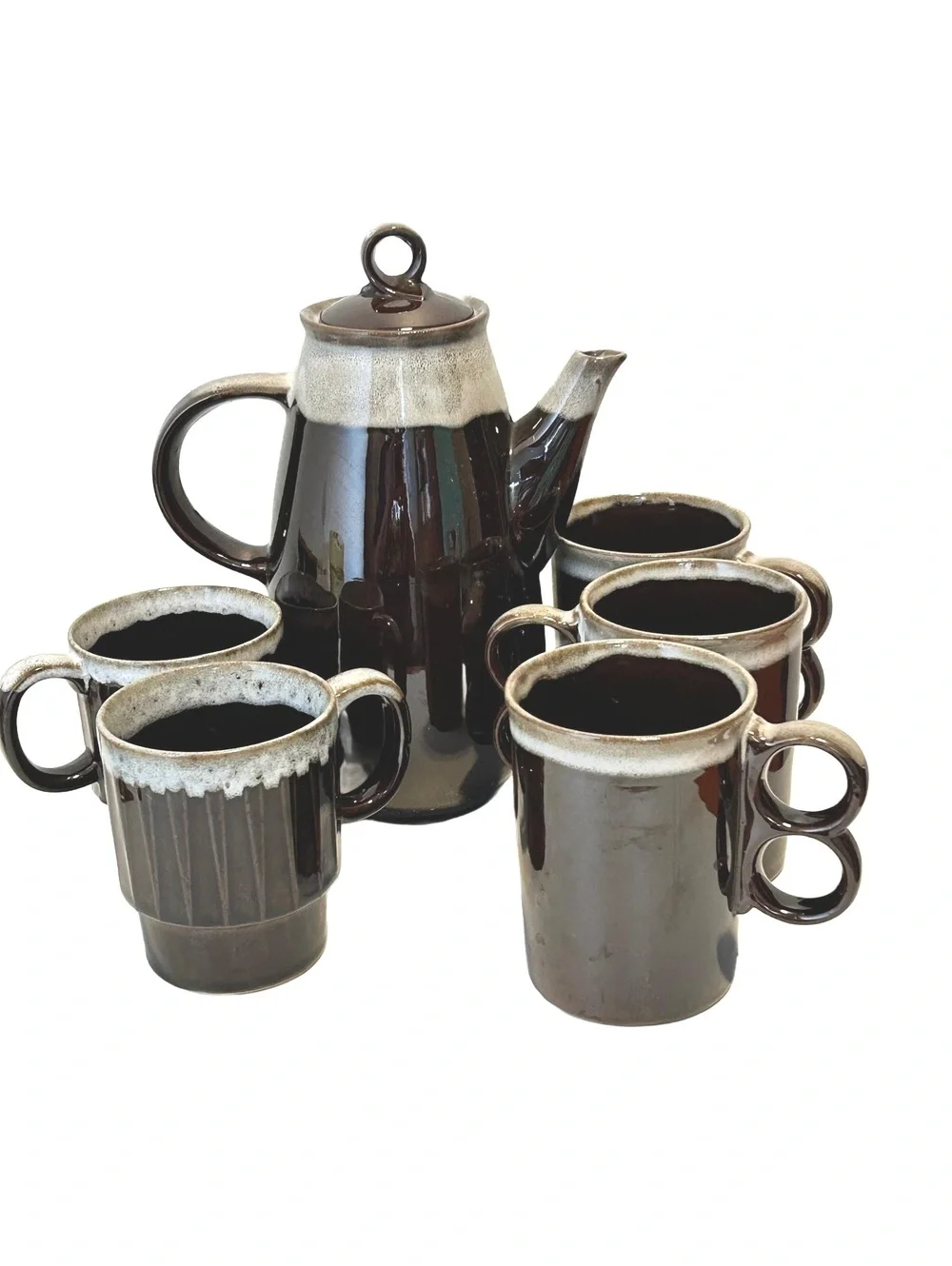 Vintage Japanese Brown Drip Glaze Coffee/Tea Pot, Coffee and Tea Mugs